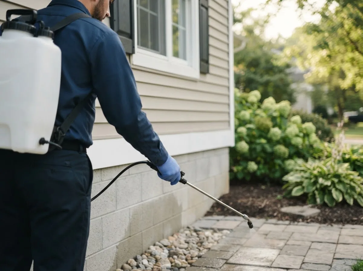 Pest control technician inspecting a home in Mathis, TX
